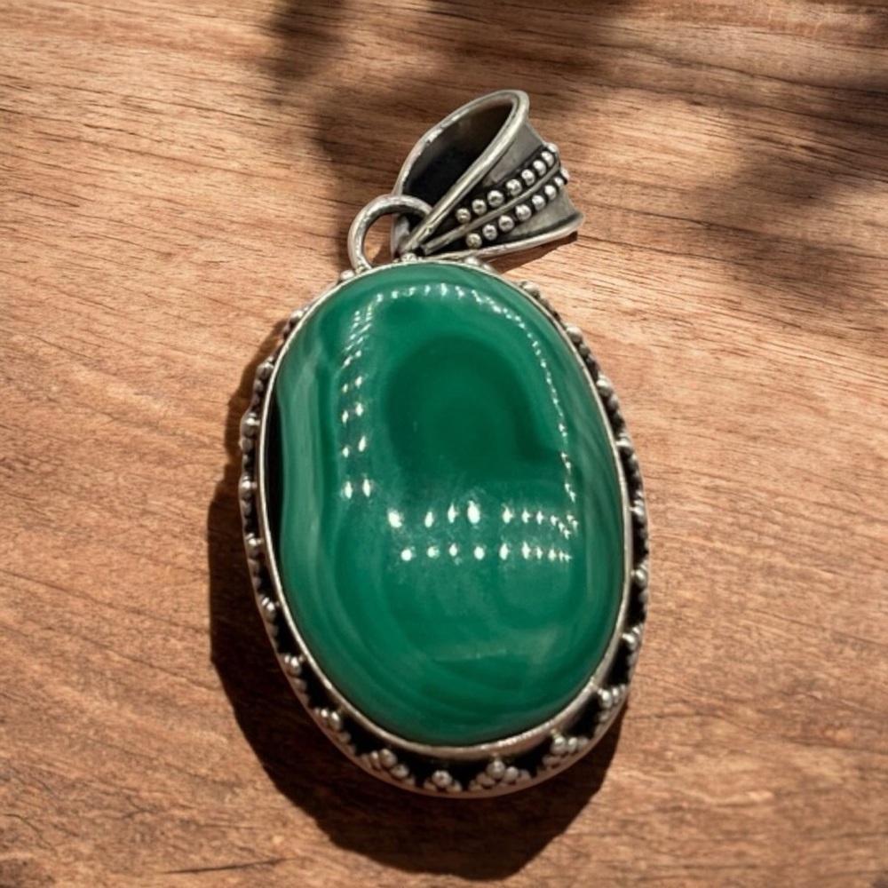Artisan Made Sterling Silver 925 Bullseye Malachite Stone Cabochon Charm Pendant